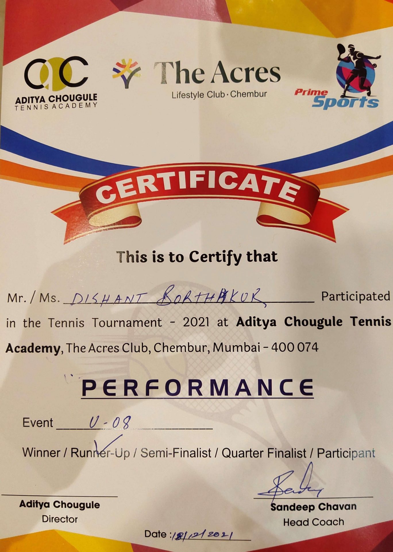 Dishant Borthakur of Grade 4 Runner's Up Certificate